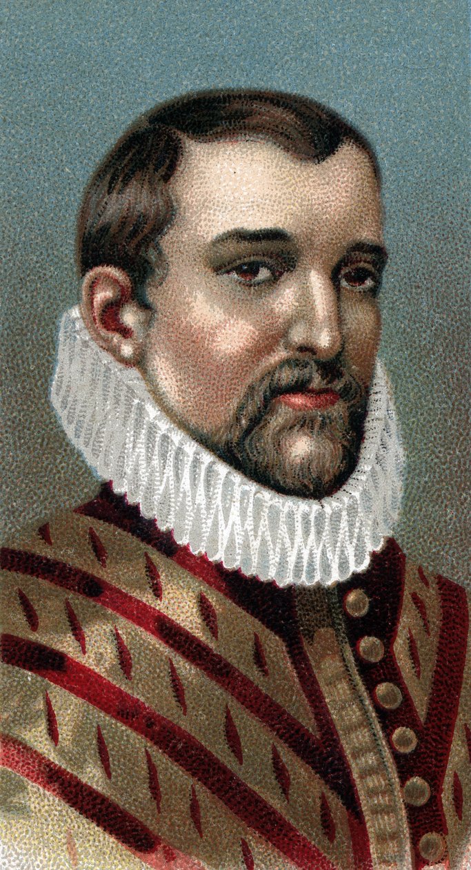 Retrato de Cristóvão Colombo (Cristóvão Colombo, Cristoforo Colombo, Cristobal Colon) (1451-1506) - Da série "Líderes dos Homens" - Cromolitografia - Escola de Inglês, século XX - de English School