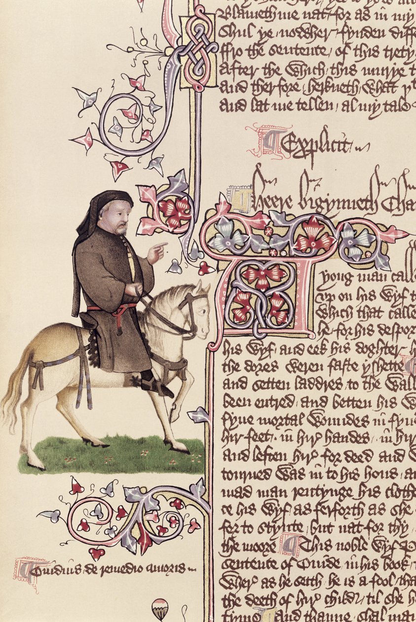 Retrato de Geoffrey Chaucer (c.1342-1400) fac-símile dos Contos de Canterbury por Geoffrey Chaucer (c.1342-1400) de English School
