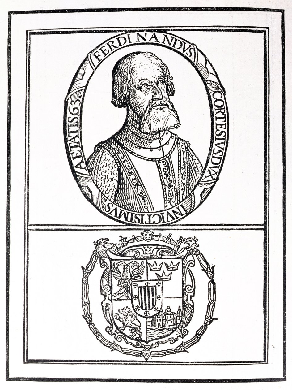 Retrato de Hernado Cortes (1485-1547) e seus braços, de "A História Narrativa e Crítica da América", editado por Justin Winsor, Londres, 1886 de English School
