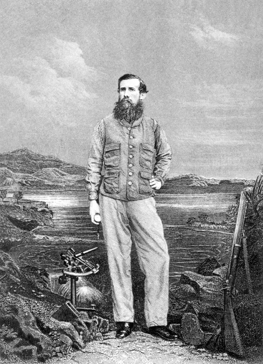 Retrato de John Speke (1827-64) em frente ao Lago Vitória, frontispício do Jornal da Descoberta da Fonte do Nilo, publicado em 1863 de English School
