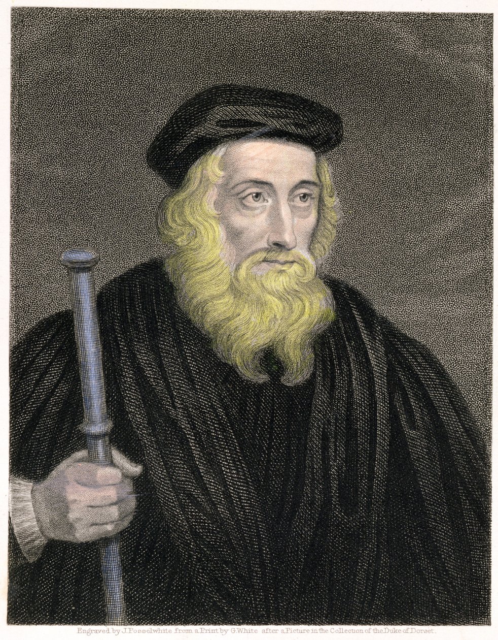 Retrato de John Wycliffe (c.1330-84) gravado por James Posselwhite (1798-1884) após uma cópia por G. Branco, bar. de William Mackenzie de English School