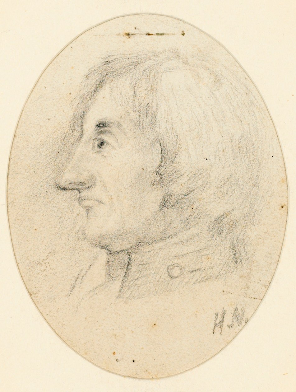 Retrato de Lord Nelson, de cabeça e colarinho naval, de perfil.... com as iniciais H.N. por baixo de English School