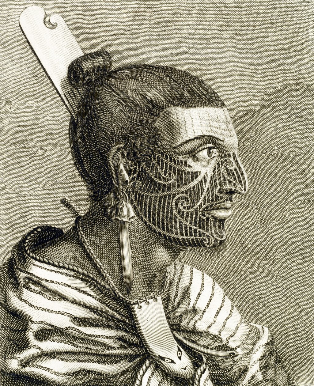Retrato de um homem maori com tatuagens Ta Moko de English School