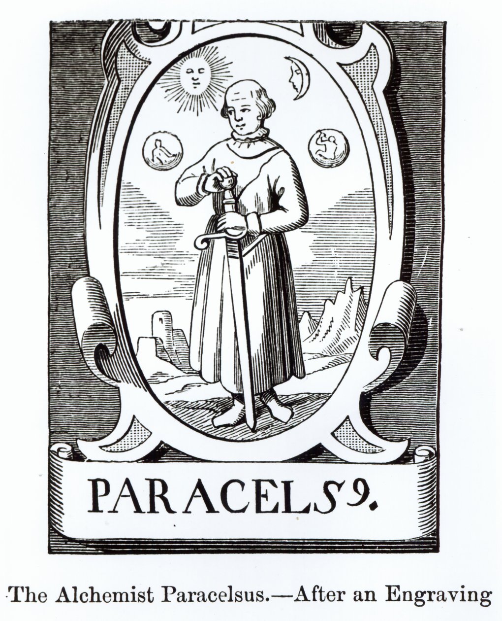 Retrato de Paracelso (Philippus Aureolus Theophrastus) (1493-1541), ilustração da Ciência e Literatura na Idade Média e do Renascimento, escrita e gravada por Paul Lacroix, 1878 (woodc de English School