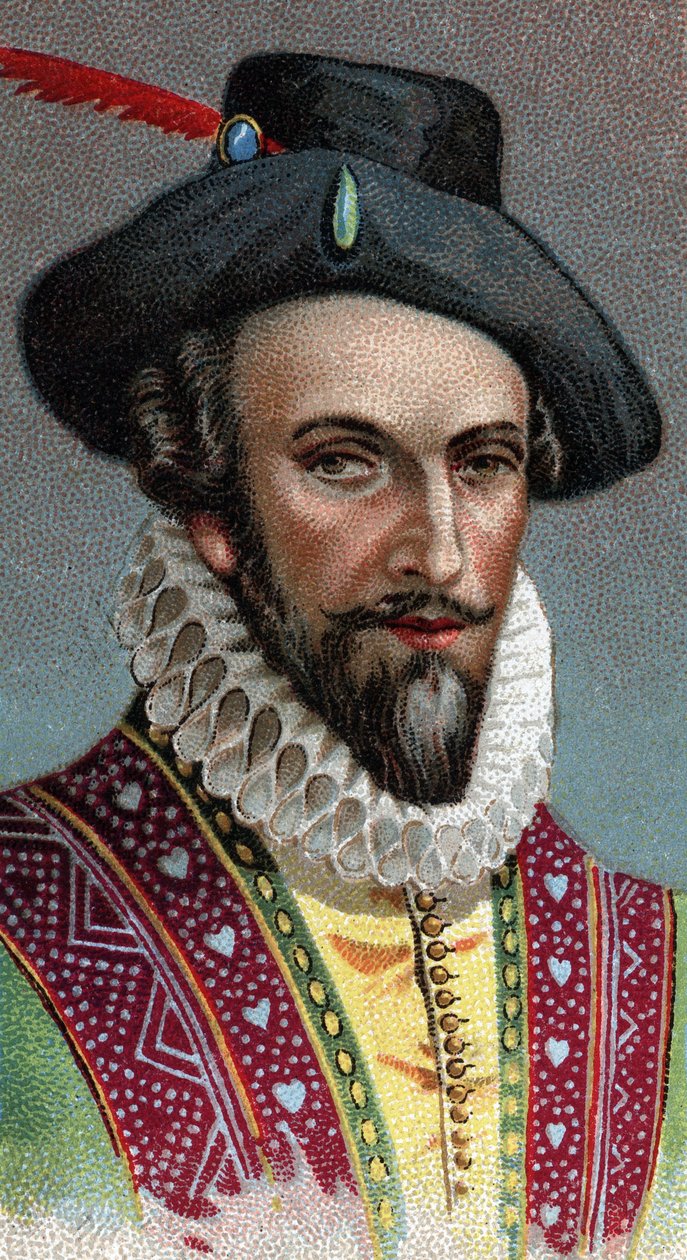 Retrato de Raleigh, Sir Walter (1554-1618). Marinheiro, explorador e corretor inglês - Da série "Leaders of Men" - Chromolithography - Escola Inglesa, século XX - de English School