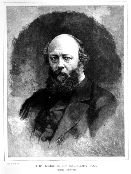 Retrato de Robert Arthur Talbot Gascoyne Cecil (1830-1903), o Marquês de Salisbury e Primeiro Ministro, de uma série que retrata os "Homens do Dia", pub. 1886 (gravura a p/b) de English School