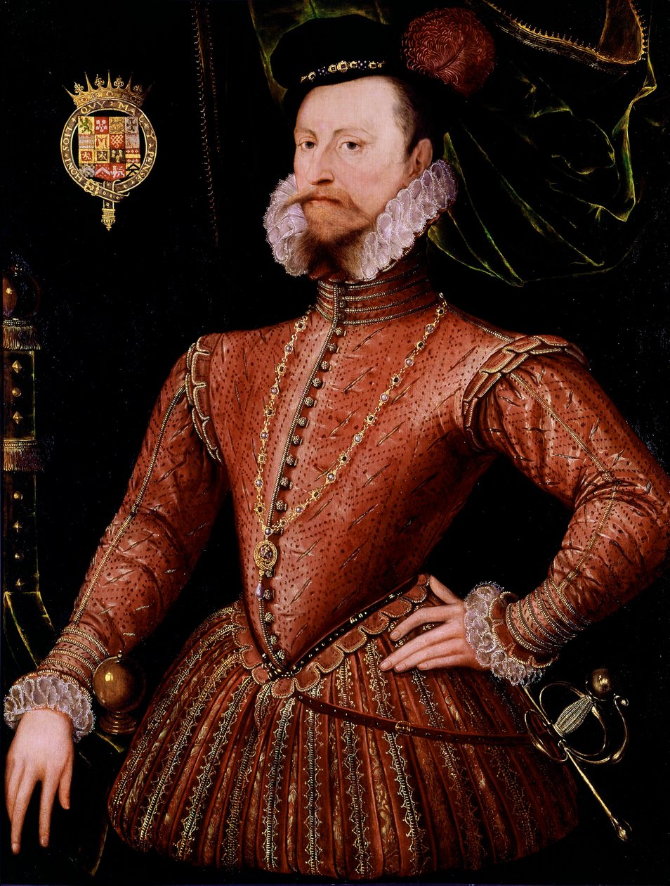 Retrato de Robert Dudley, Conde de Leicester (1532-1588), pintura preferida de Elisabeth Iere Anonymous da Escola Inglesa. Século XVI. Sol 1,08x0,82 m Londres, Galeria Nacional de Retratos de English School