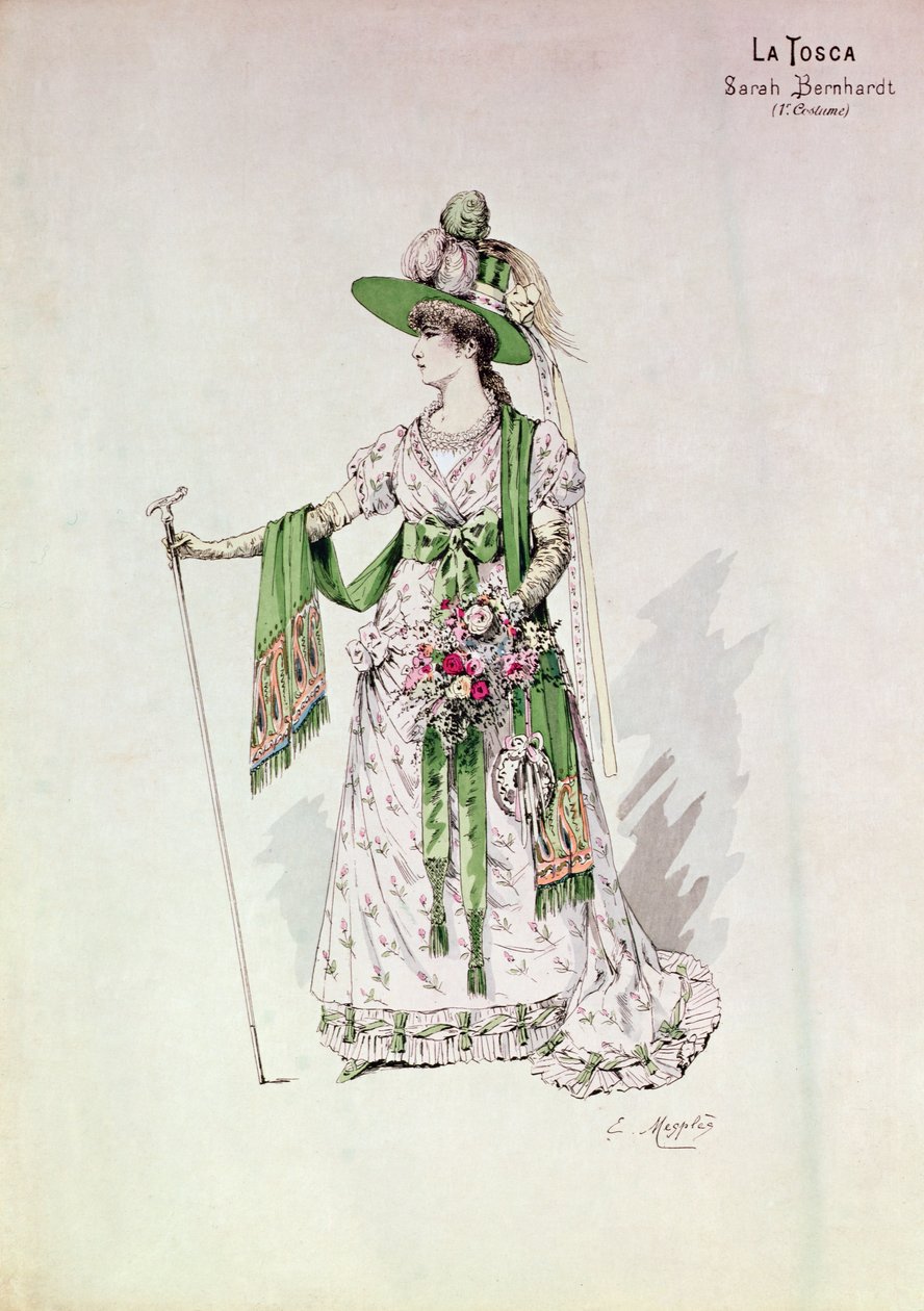 Retrato de Sarah Bernhardt (1844-1923) numa produção de "La Tosca" de Victorien Sardou (1831-1908) no Liceu, 9 de Julho de 1888 (gravura a cores) de English School