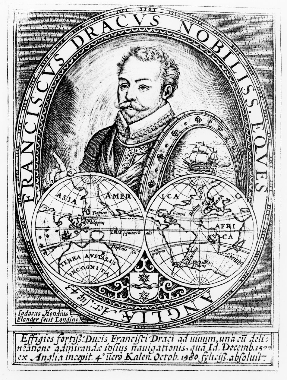 Retrato de Sir Francis Drake (c.1540-96) com a idade de 43 anos, gravado por Jodocus Hondius (1567-1611) de English School