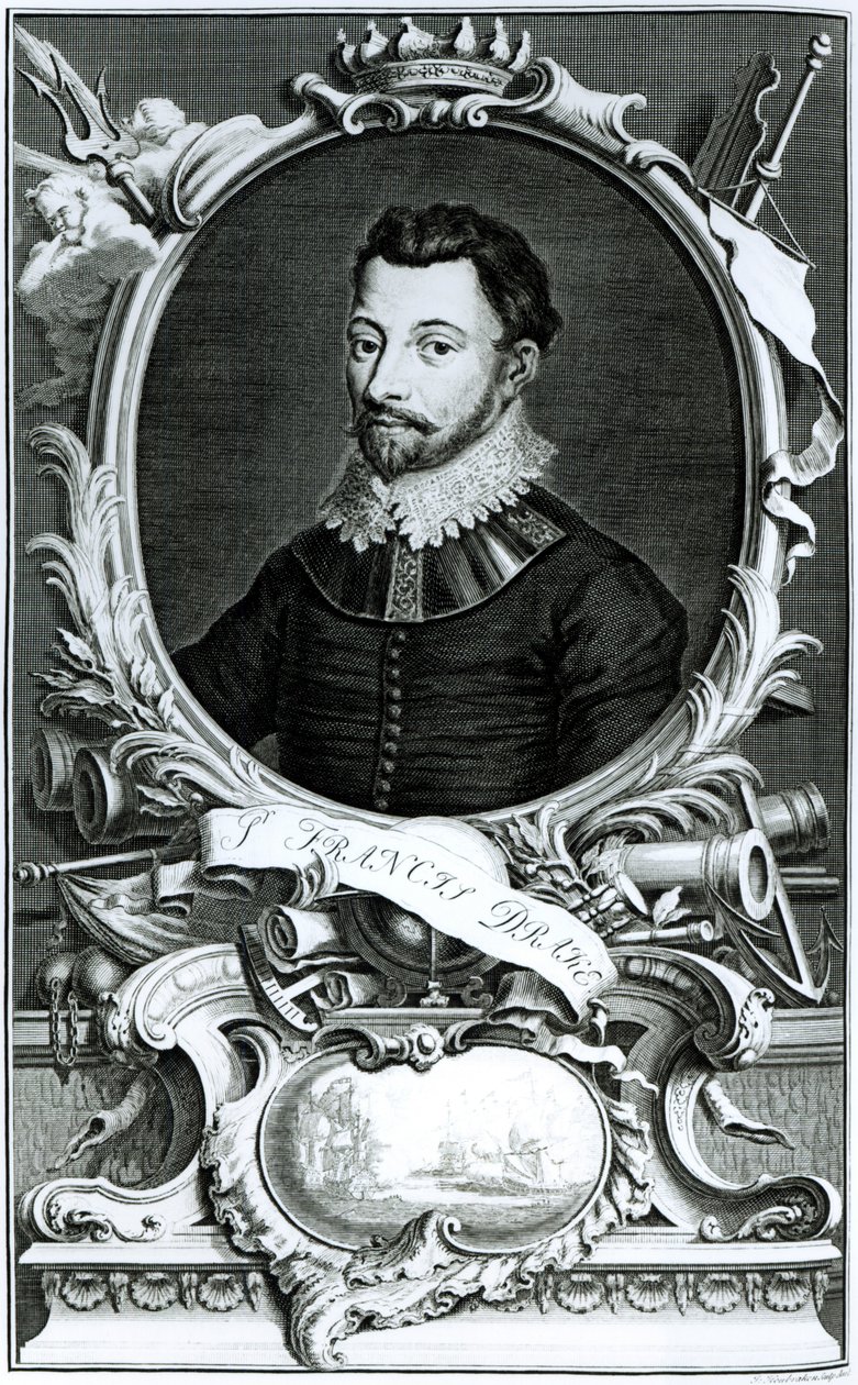 Retrato de Sir Francis Drake (c.1540-96) gravado por Jacobus Houbraken (1698-1780) (gravura) (foto bw) de English School