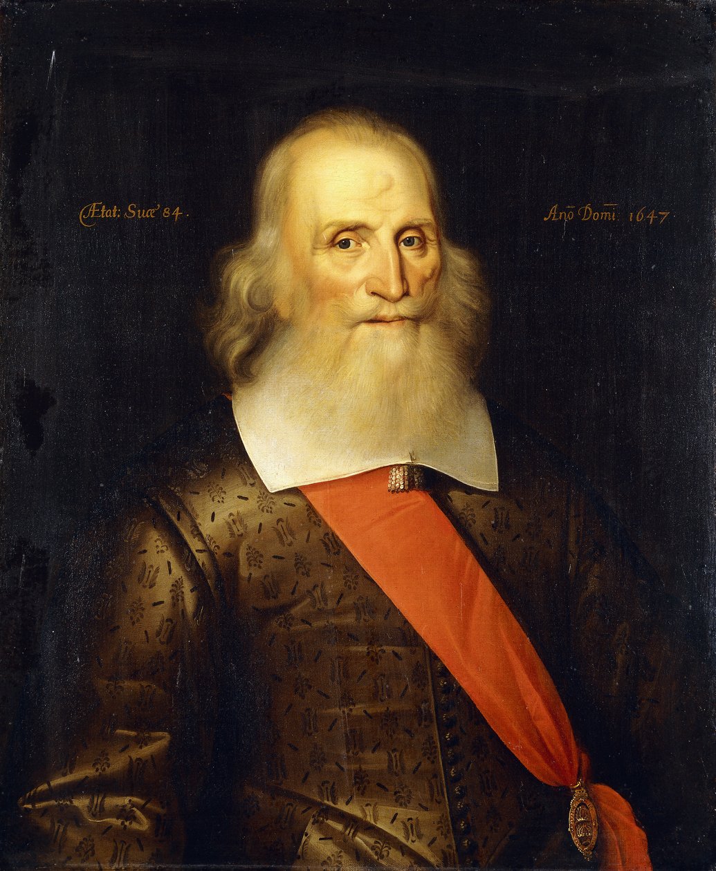 Retrato de Sir Oliver Cromwell, 84 anos, meio comprimento, em um gibão bordado com colarinho branco e faixa vermelha, 1647 de English School
