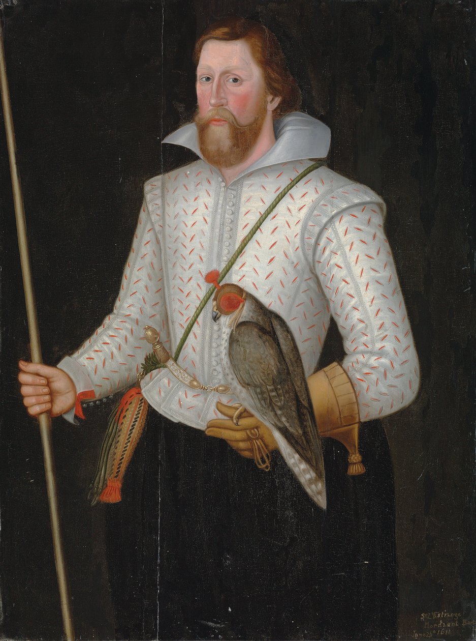 Retrato de Sir Thomas Monson, meio comprimento, em um gibão branco cortado, cingido a uma espada, segurando um falcão e sua varinha de escritório de English School