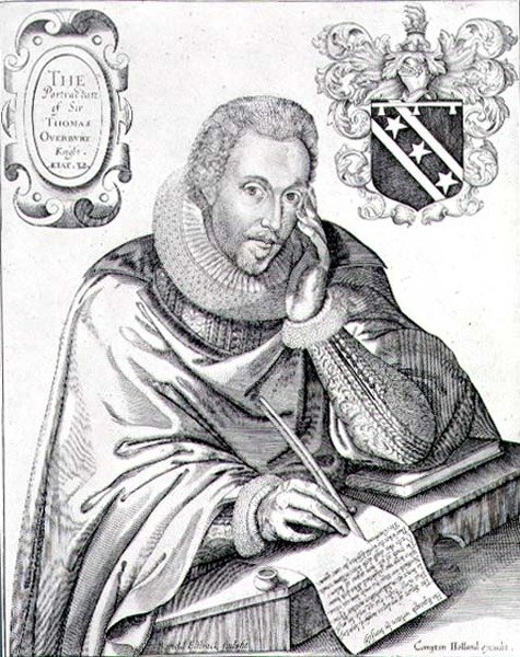 Retrato de Sir Thomas Overbury (1581-1613) escrevendo o seu epitáfio, gravado por Renold Elstrack (1571-c.1630) 1613 (gravura) de English School
