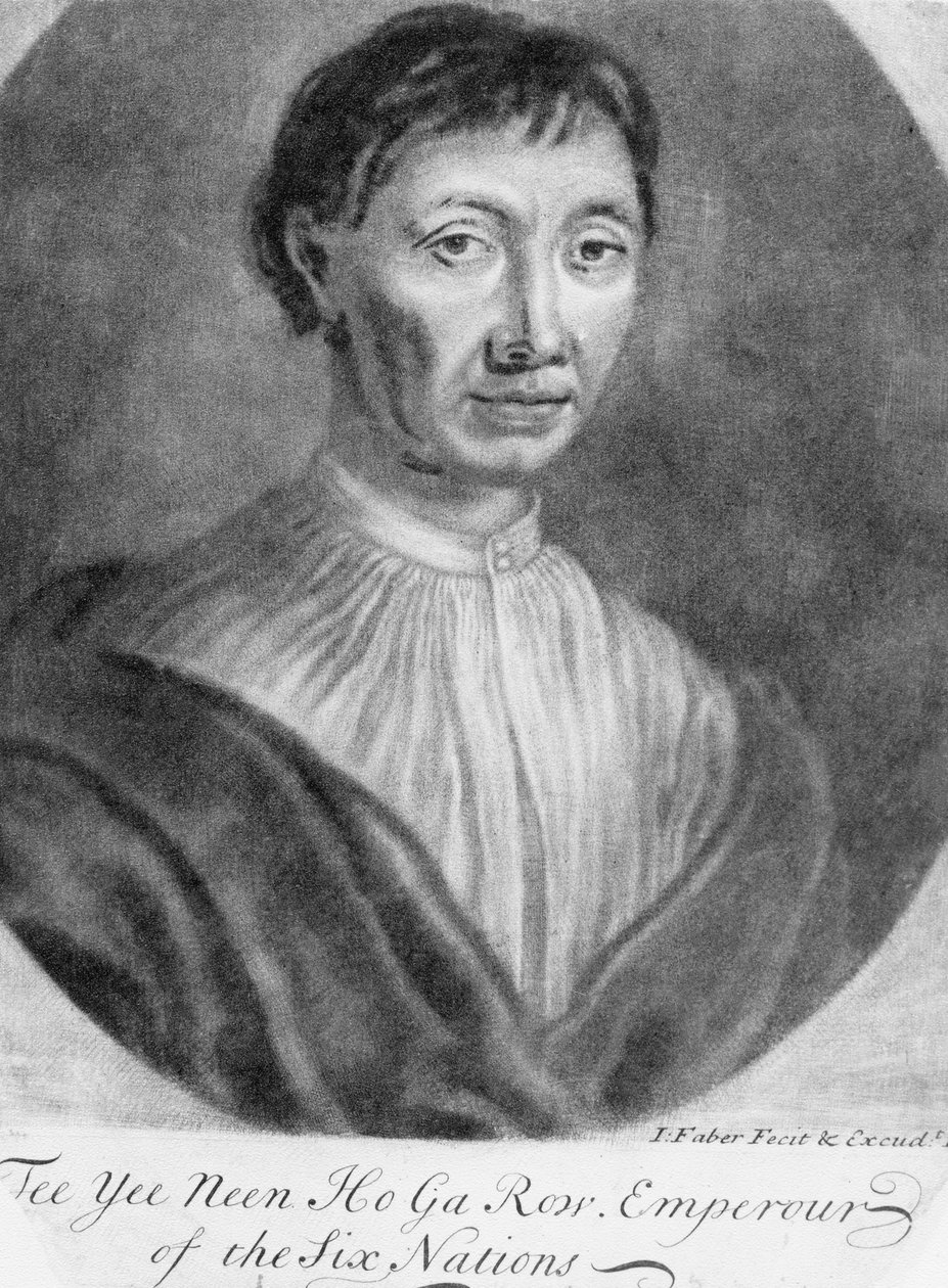 Retrato de Tee Yee Neen Ho Ga Row, Imperador das Seis Nações (mezzotint) de English School