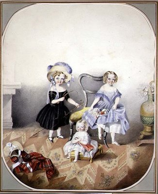 Retrato de Três Raparigas de Olhos Azuis em Vestido de Fantasia, c.1840 (aguarela sobre papel) de English School