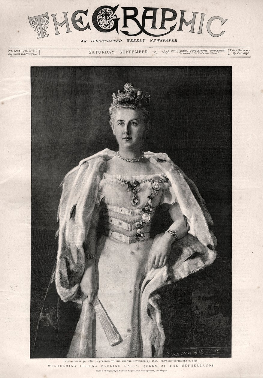 Retrato de Wilhelmina dos Países Baixos (1880-1962), Rainha dos Países Baixos - Primeira página do jornal "The Graphic de English School