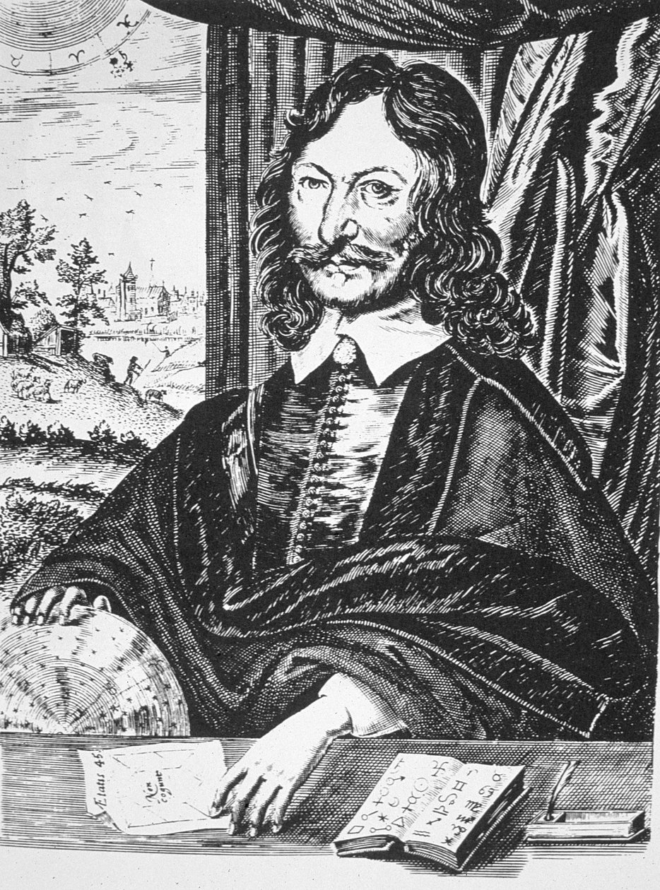 Retrato de William Lilly (1602-81), de sua astrologia cristã, Londres 1647, ilustrado em History of Magic, publicado no final do século XIX de English School