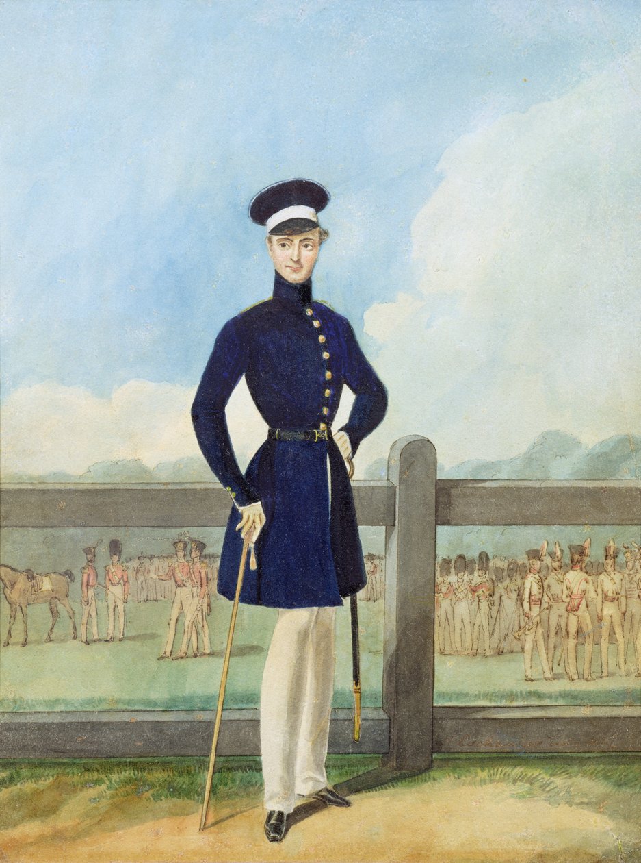 Retrato de um oficial britânico em undress casaco e forragem cap (caneta e tinta preta, wc & bodycolour) de English School