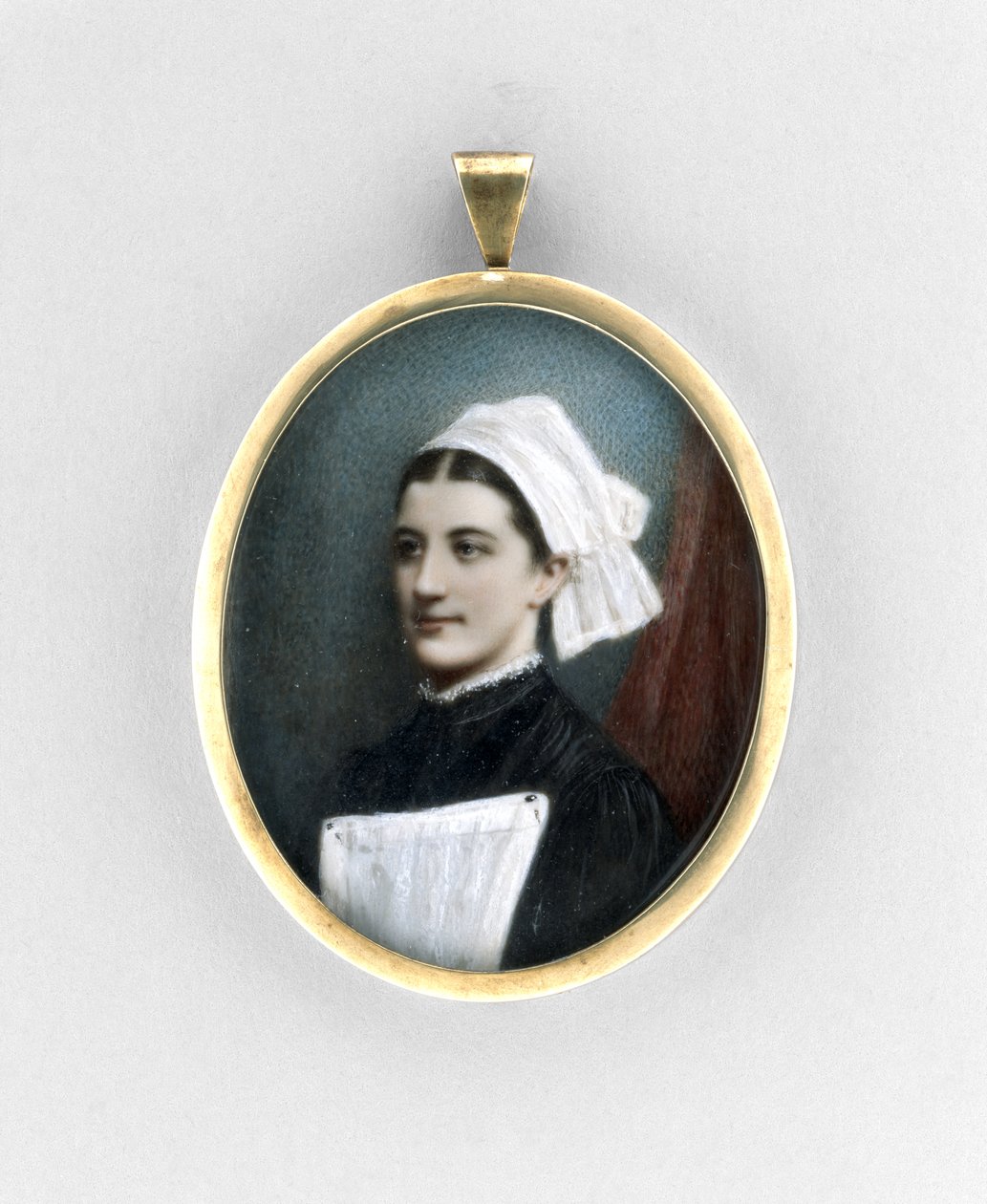 Retrato de uma enfermeira, c.1840 (aquarela em marfim, dourado e vidro) de English School