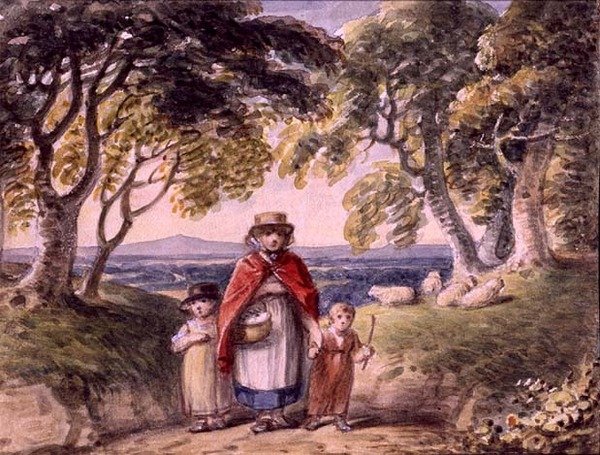 Retrato de uma mulher e duas crianças numa paisagem de floresta, c.1820 (aguarela sobre papel) de English School