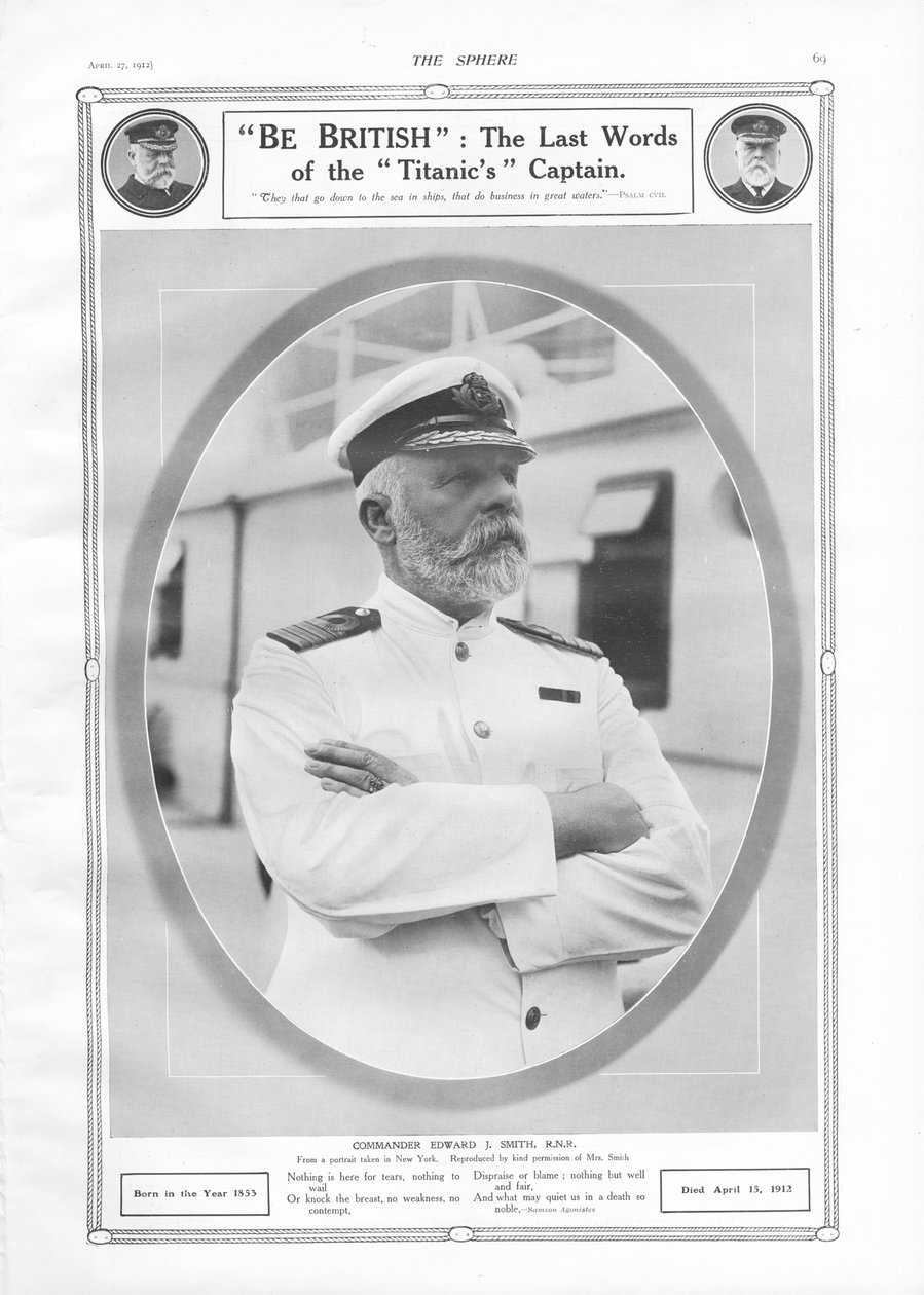 Retrato e homenagem ao Comandante Edward J. Smith, Capitão do White Star Liner RMS Titanic, de The Sphere, 27 de abril de 1912 de English School