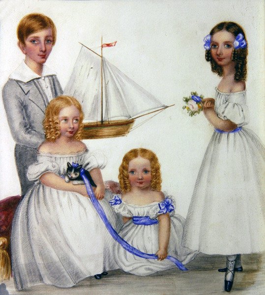 Retrato de quatro crianças segurando um veleiro e um gatinho, c.1830 (aquarela sobre papel) de English School