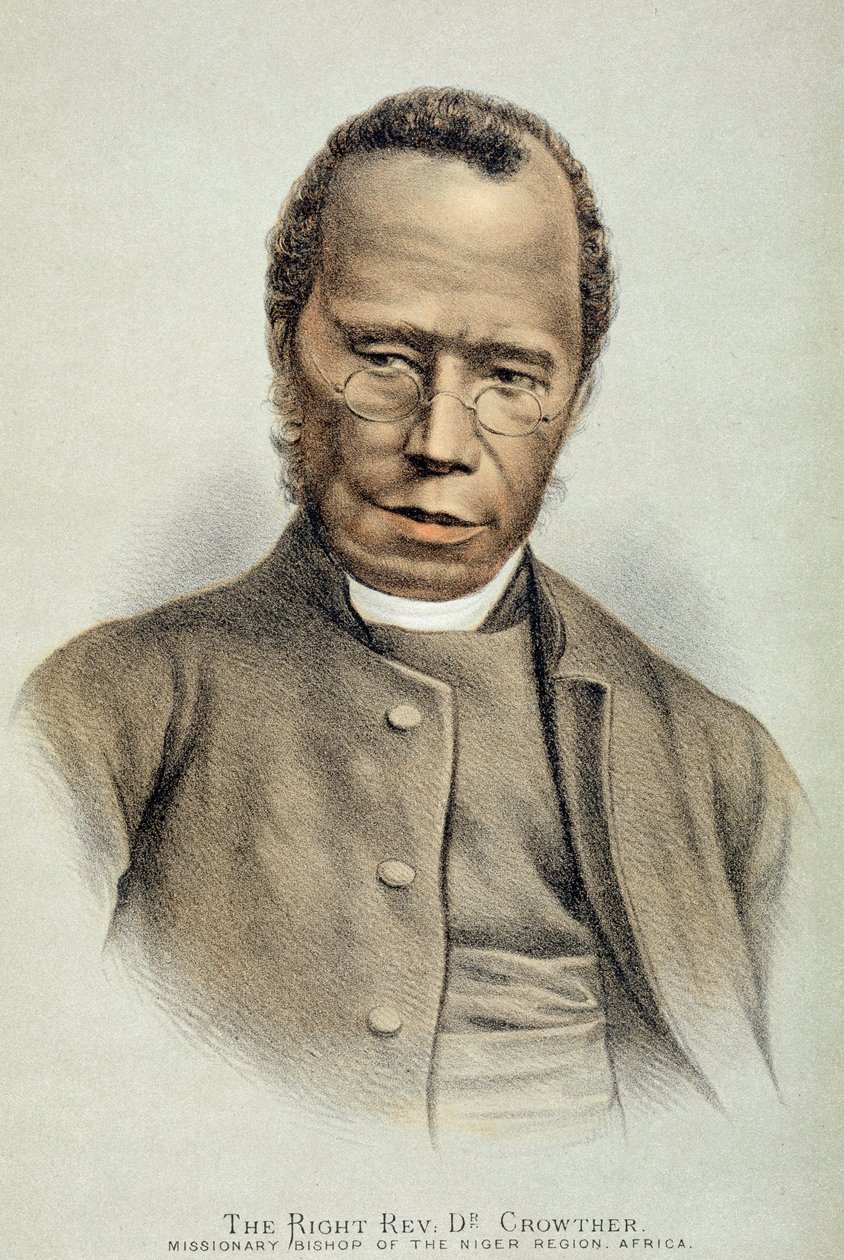 Retrato do Reverendo Reverendo Dr. Samuel Adjai Crowther (c.1800-91) (cor litho) de English School