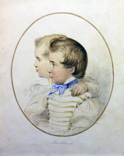 Retrato de dois irmãos em traje militar, c.1840 (aquarela sobre papel) de English School