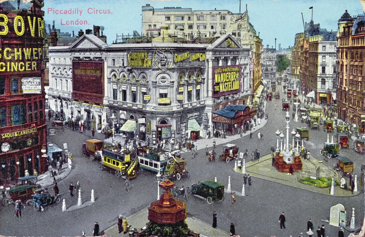Cartão postal representando Piccadilly Circus c.1928 de English School