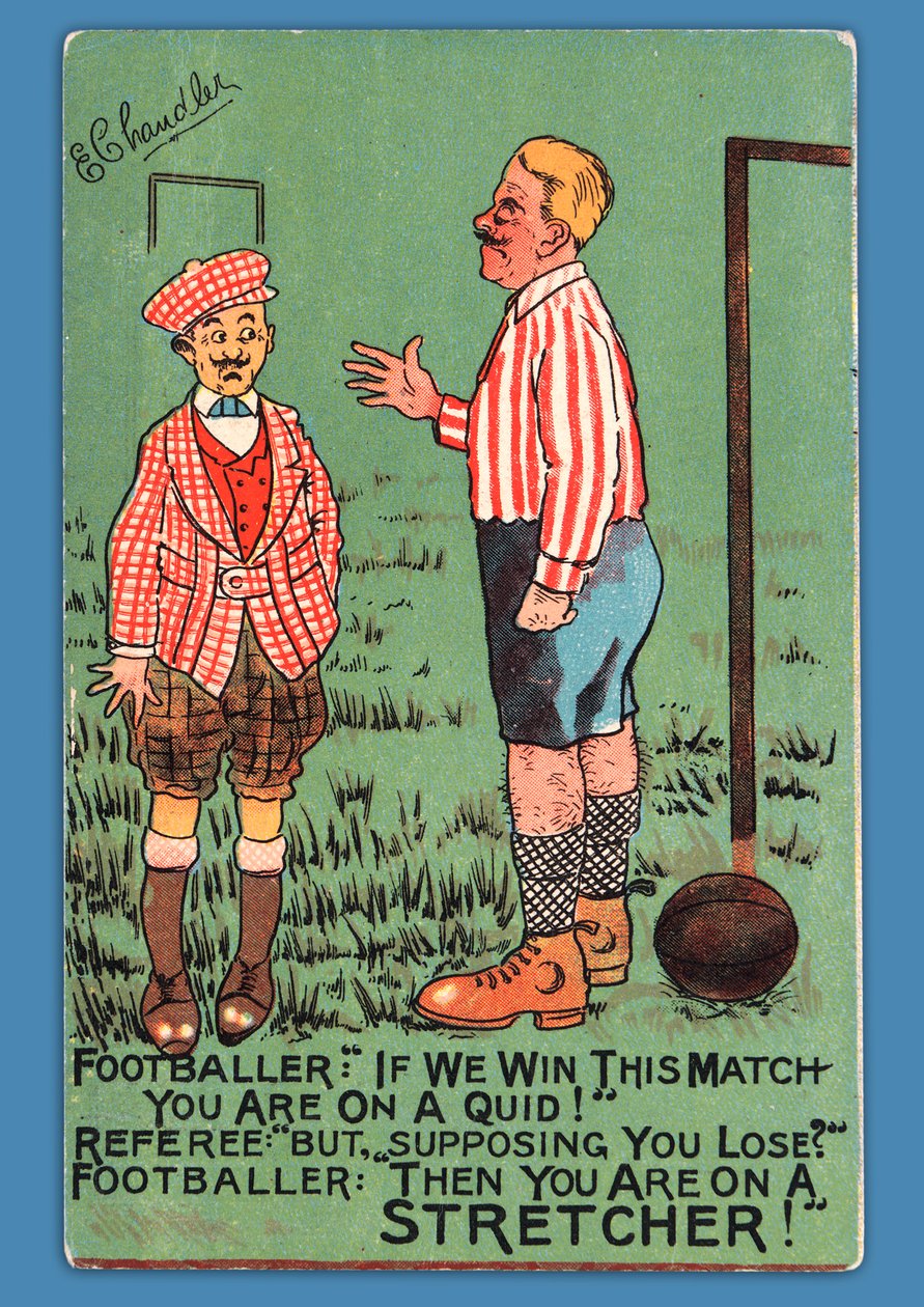 Postal representando uma caricatura de um jogador de futebol espanhol de English School