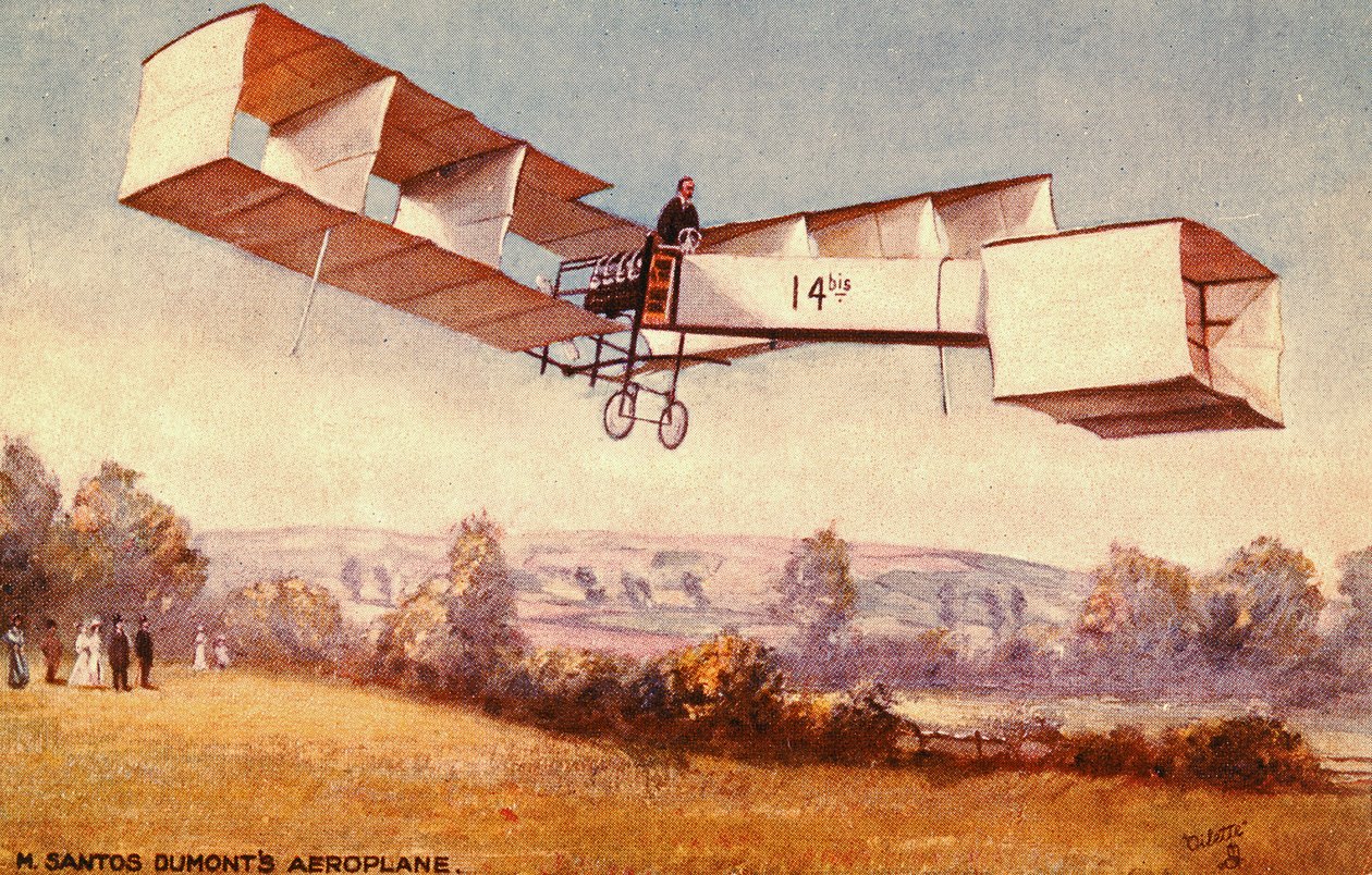 Postal representando o avião Santos-Dumont 14-bis, c. 1910 de English School