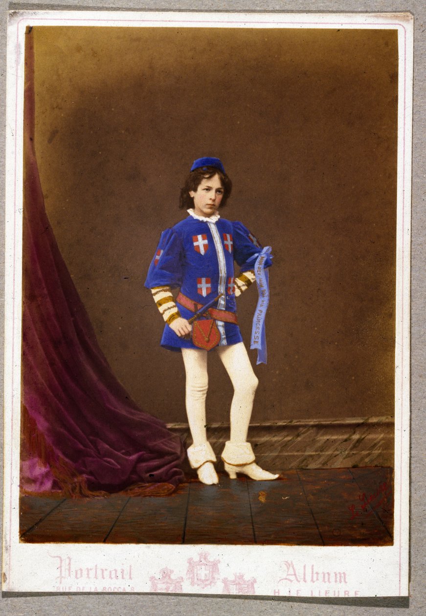Cartão postal, com, menino, em, medieval, traje de English School