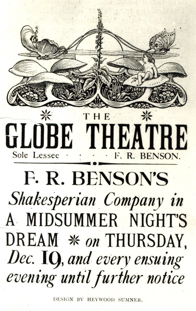 Propaganda de cartazes &39;Sonho de uma noite de verão&39;, de William Shakespeare (1564-1616), interpretada por Shakespearean Company, de FR Benson, no Globe theatre, c.1890 (impressão) de English School