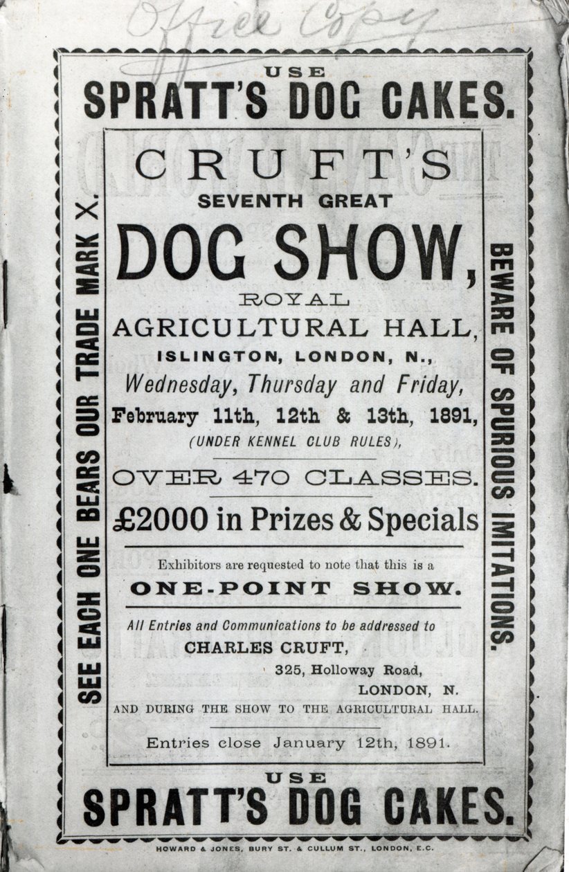 Cartaz publicitário Cruft&39;s Dog Show no Royal Agricultural Hall, em Islington, Londres, em 1891 de English School