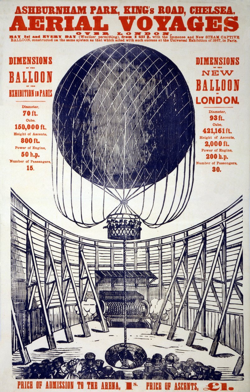 Cartaz promovendo "Aerial Voyages over London", pub . 1867 (Litografia a cores) de English School