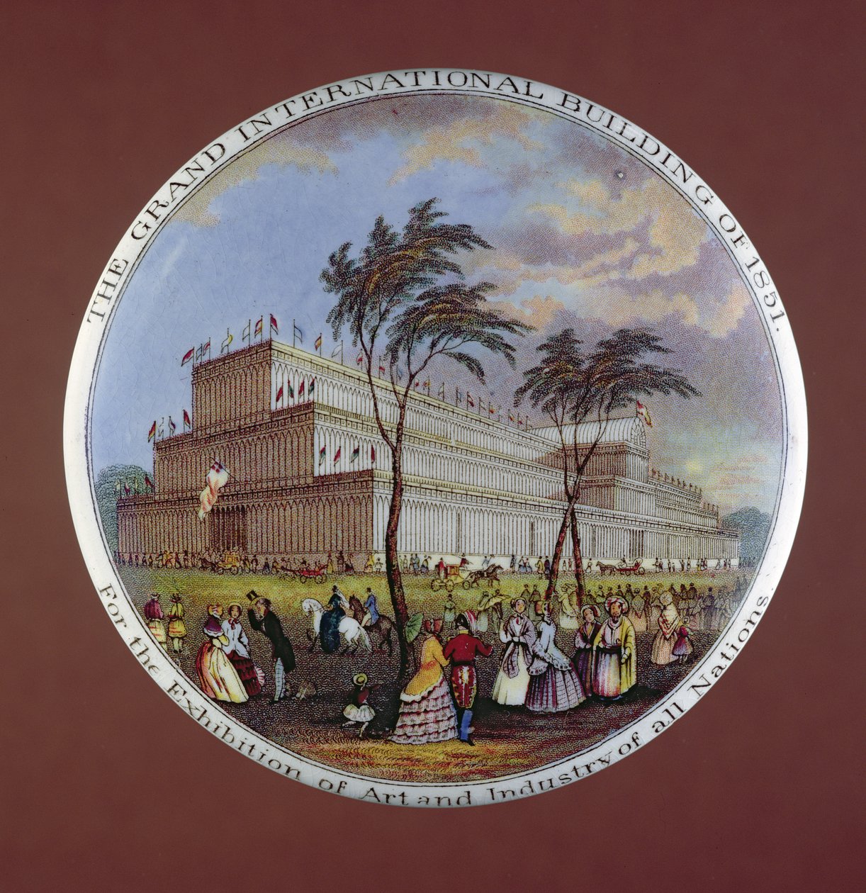 Tampa de pote com representação do Palácio de Cristal, por T.J. e J. Mayer, Dale Hall, Longport, Staffordshire de English School