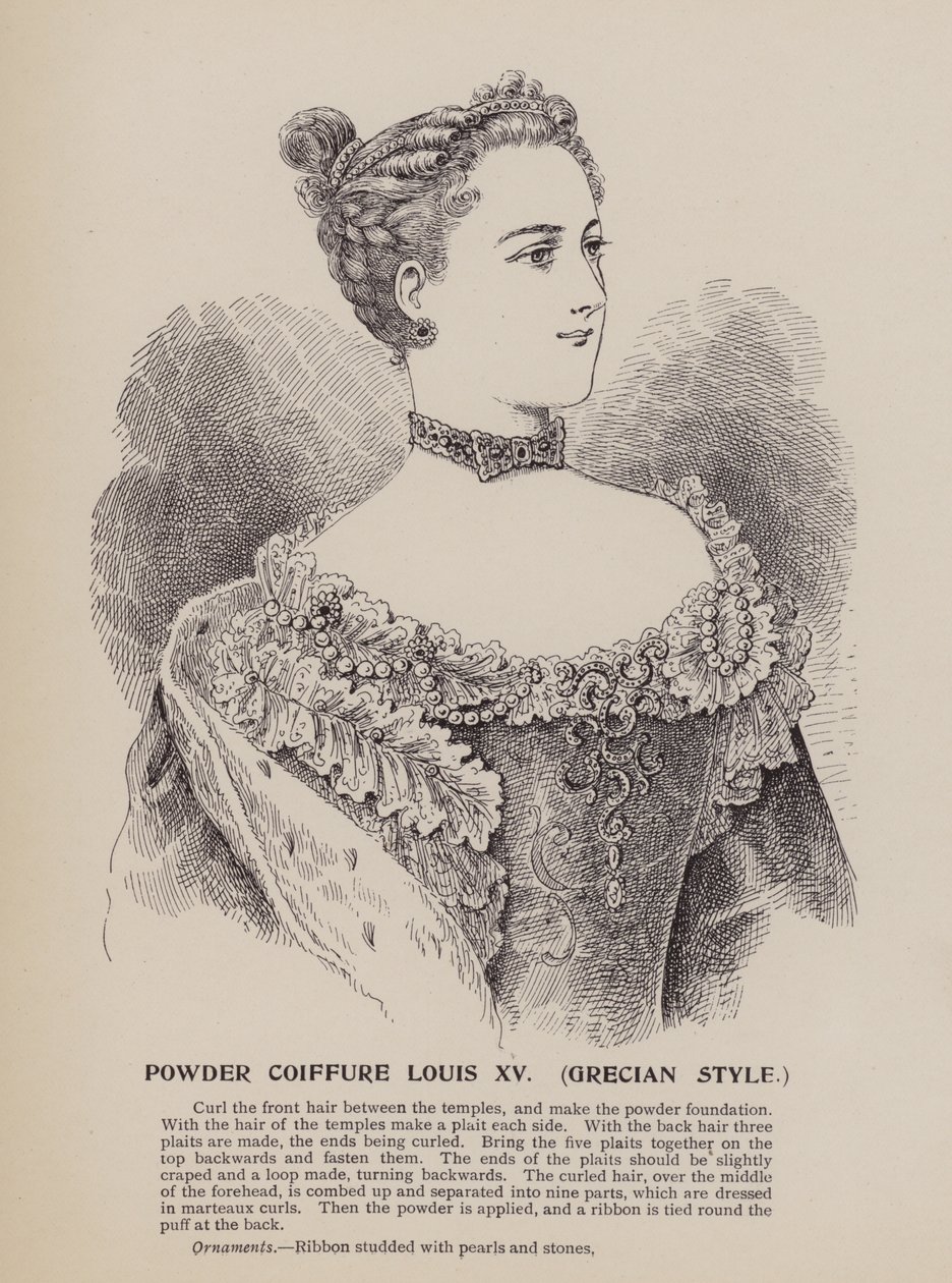 Penteado Luís XV, estilo grego (gravura) de English School