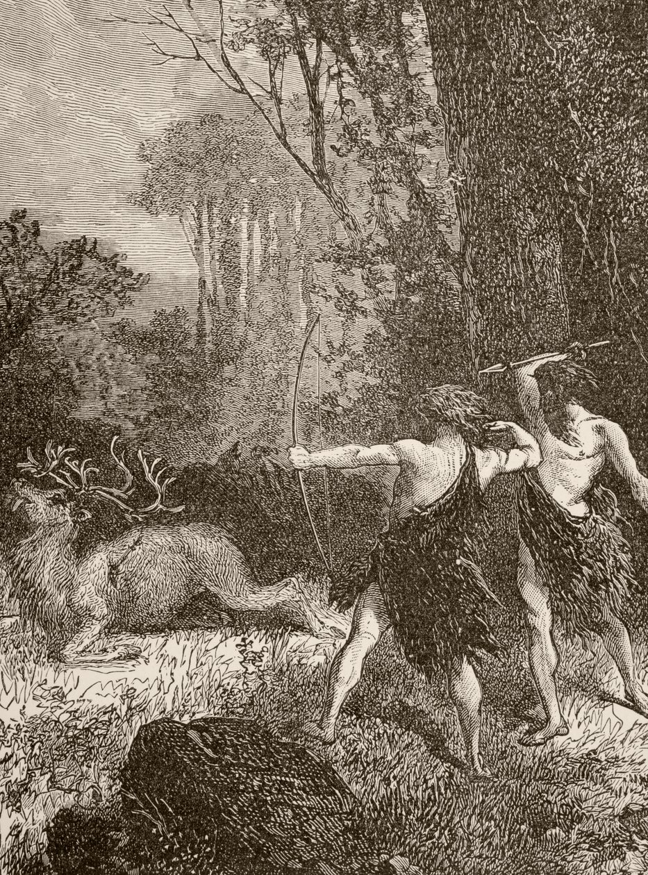 Caça homem pré-histórico com arco e flecha e lança de English School