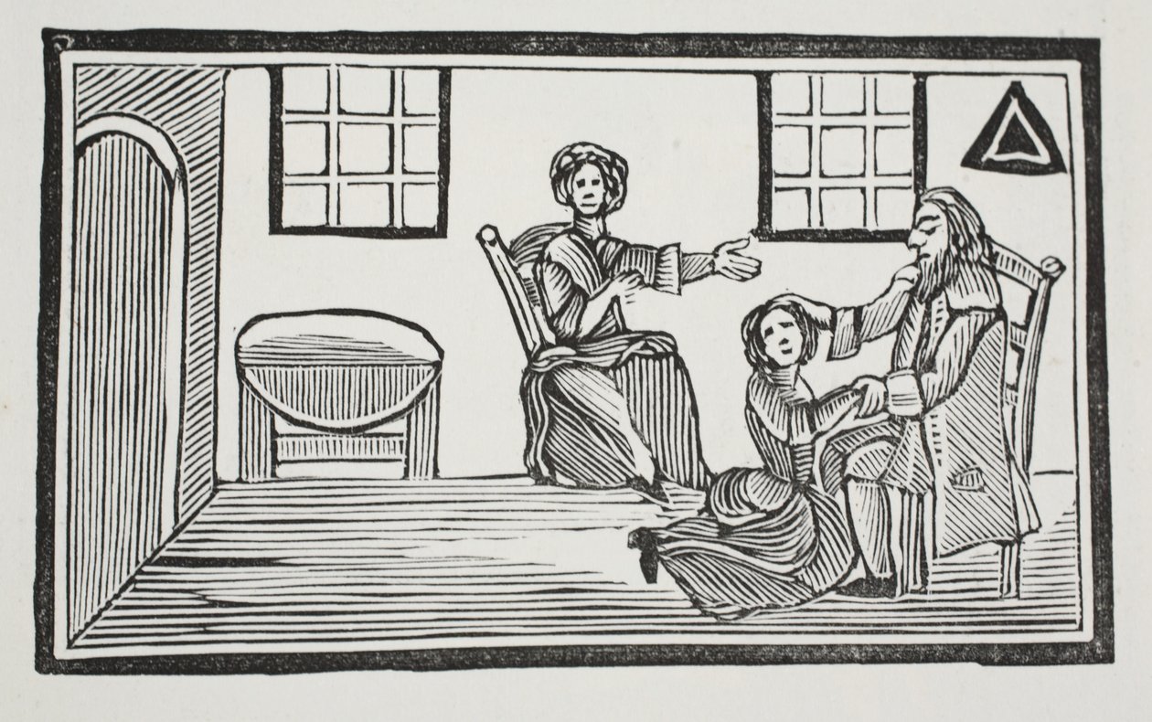 Bessie bonita que recebe sua bênção dos pais ao ir procurar seu próprio sustento, ilustração dos Chapu-livros do século XVIII por John Ashton, bar. 1882 de English School
