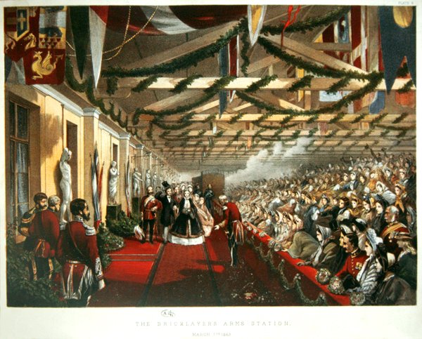 A Princesa Alexandra da Dinamarca chega a Londres a 7 de Março de 1863 na The Bricklayers Arms Station com o seu futuro marido, o Príncipe de Gales. 1863 (cor litho) de English School