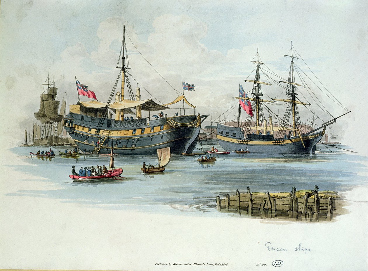 Prisão Navios usados pelos britânicos durante as guerras napoleônicas para abrigar prisioneiros franceses, 1805 (gravura a cores) de English School