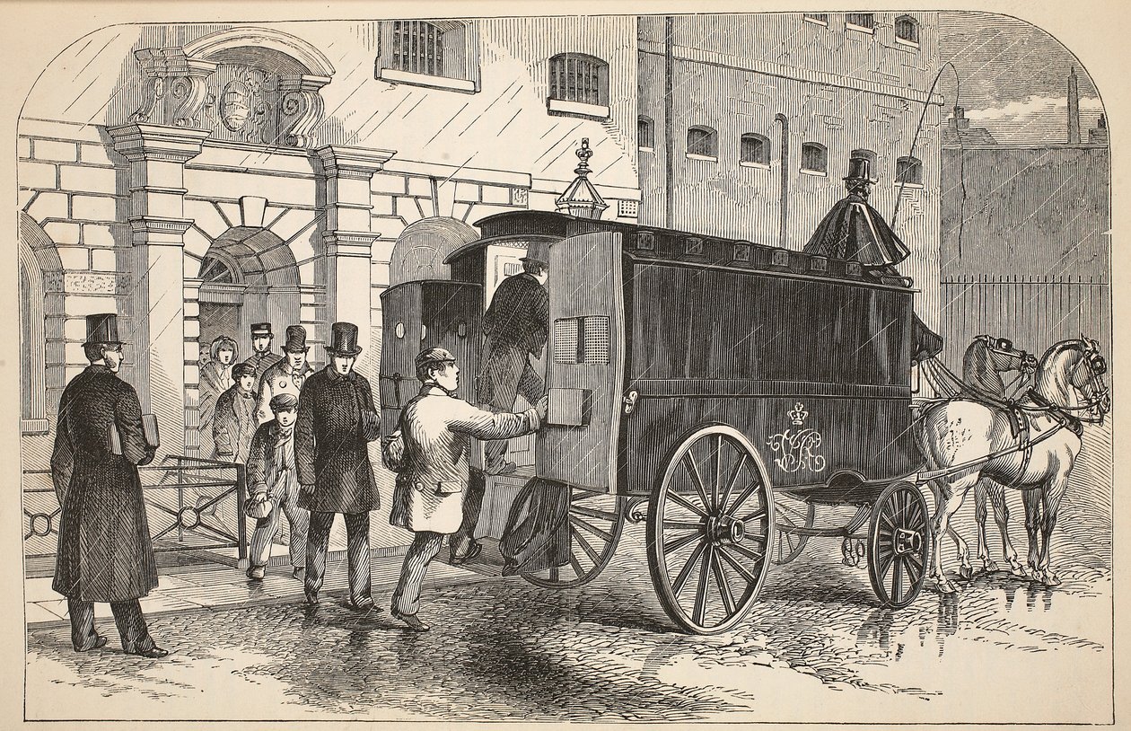 Furgão de prisão que pega prisioneiros na casa da detenção, ilustração das prisões criminosas de Londres e cenas da vida da prisão por Henry Mayhew e por John Binny, bar. 1862 de English School