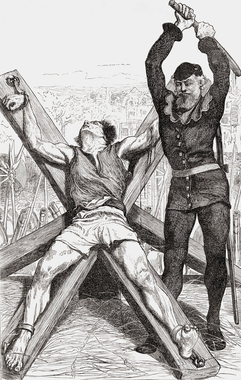 Prisioneiro sendo torturado na Cruz de St. Andrews, c.1865 (gravura em madeira) de English School