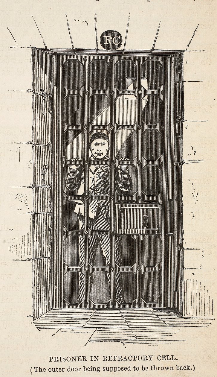 Prisioneiro na cela refratária (a porta exterior que está sendo supor para ser jogado para trás), ilustração das prisões criminosas de Londres e cenas da vida da prisão por Henry Mayhew e por John Binny, bar. 1862 (e de English School