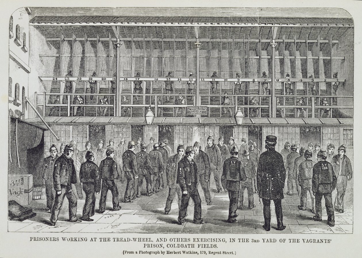 Prisioneiros Trabalhando na Roda Dentada e Outros Exercícios no 3º Pátio da Prisão dos Vagabundos, Campos de Coldbath, das Prisões Penais de Londres e Cenas da Vida na Prisão de Henry Mayhew (1812- de English School