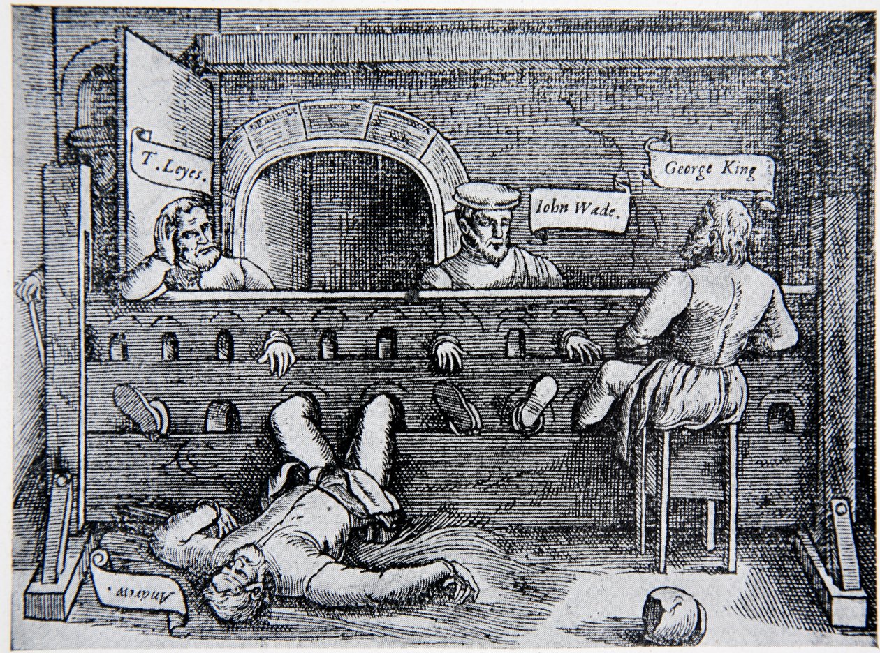 Prisioneiros na Torre dos Lolardos, de Atos e Monumentos de John Foxe (1516-87), 1563, ilustração da História da Nação de English School