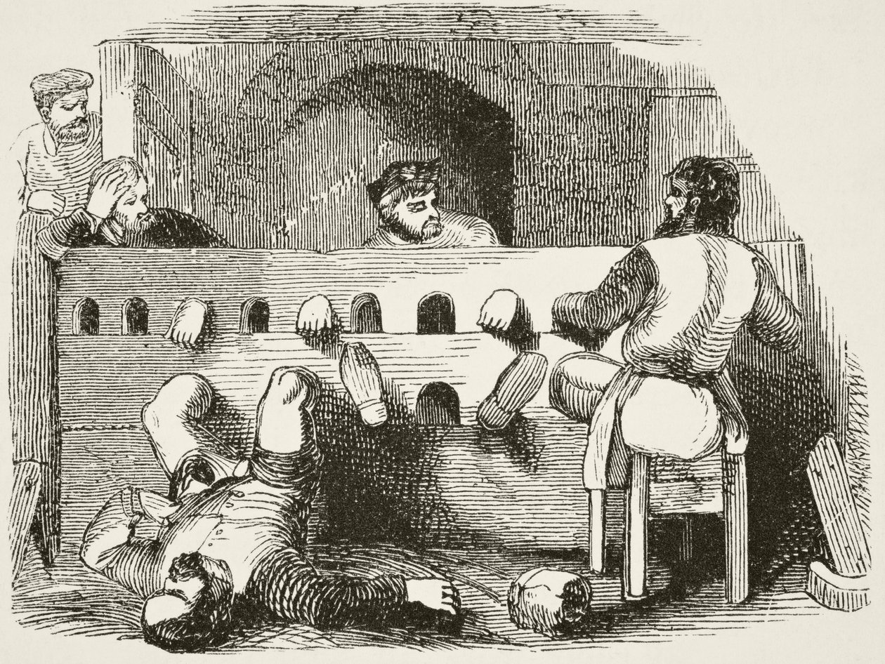 Prisioneiros trancados em ações, de "A História Nacional e Nacional da Inglaterra", de William Hickman Smith Aubrey (1858-1916) publicaram Londres, c.1890 de English School