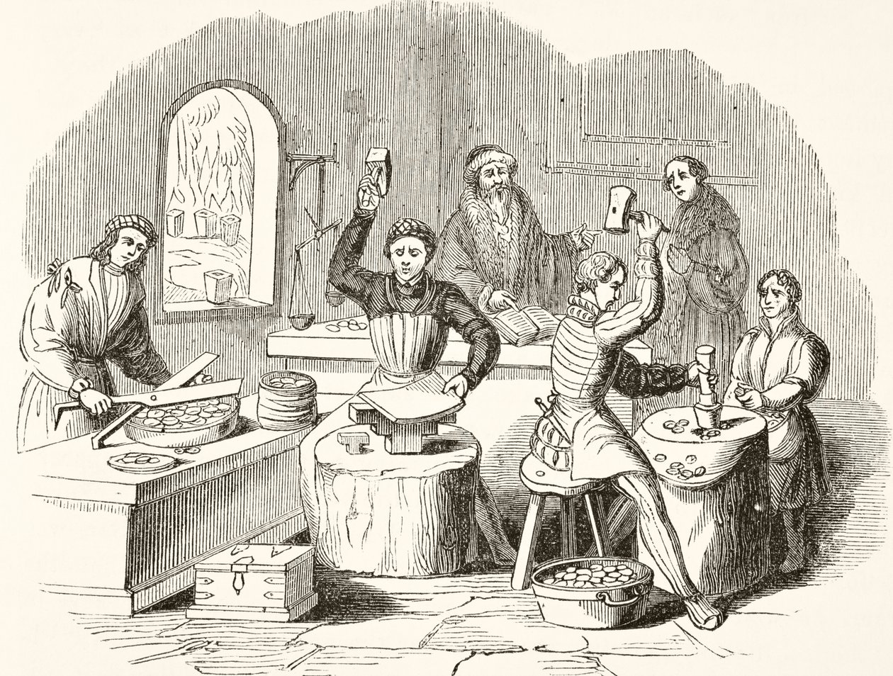 Processo de cunhagem no século 16, da história nacional e nacional da Inglaterra por William Hickman Smith Aubrey (1858-1916) publicou Londres, c.1890 de English School