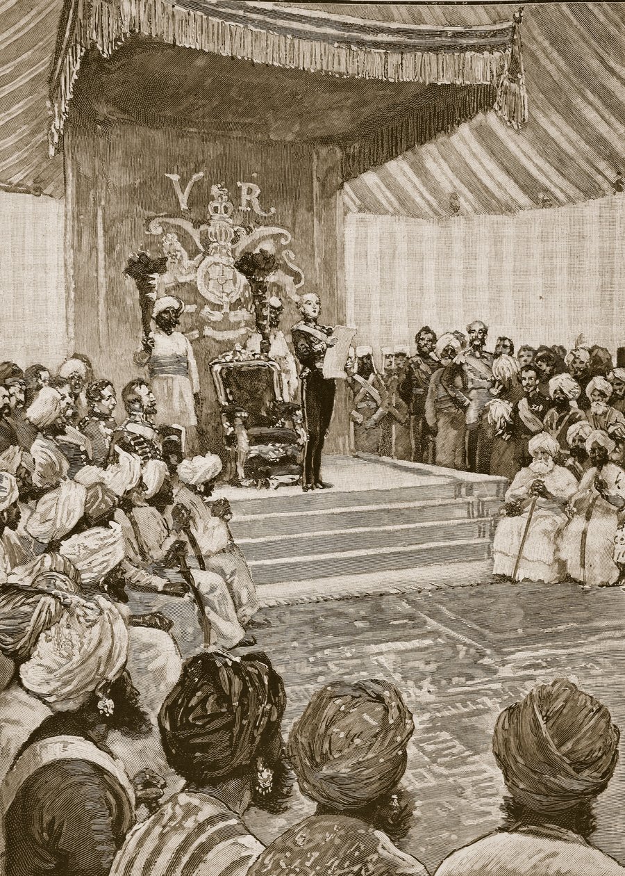 Proclamação da Rainha como Imperatriz da Índia em 1877, ilustração da História Ilustrada de Cassells da Inglaterra (foto em sépia) de English School