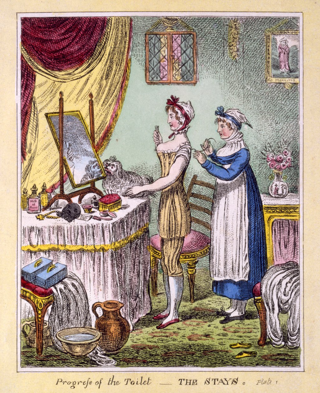 Progresso do Banheiro - The Stays Plate 1, pub. por McCleary, Londres, 1810 (gravura colorida à mão) de English School